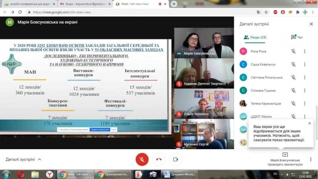 Конференція "Організаційно-методичний супровід участі вихованців у обласних масових заходах дослідницько-експериментального, науково-технічного та художньо-естетичного напрямів у 2021 році"